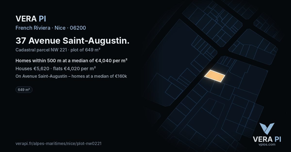 37 Avenue Saint-Augustin, Nice at night – the plot lit, the parcels around coloured by the prices near them