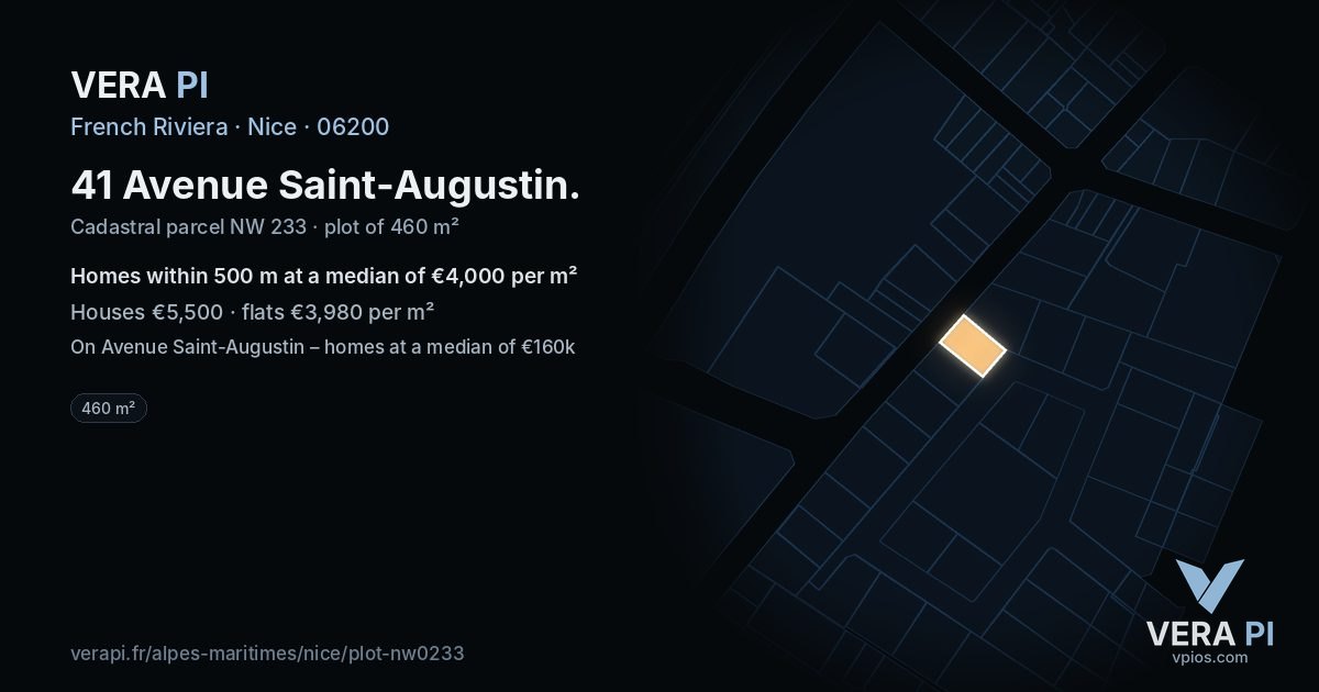 41 Avenue Saint-Augustin, Nice at night – the plot lit, the parcels around coloured by the prices near them
