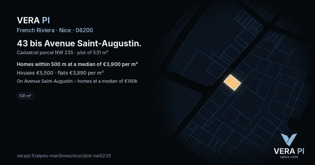 43 bis Avenue Saint-Augustin, Nice at night – the plot lit, the parcels around coloured by the prices near them