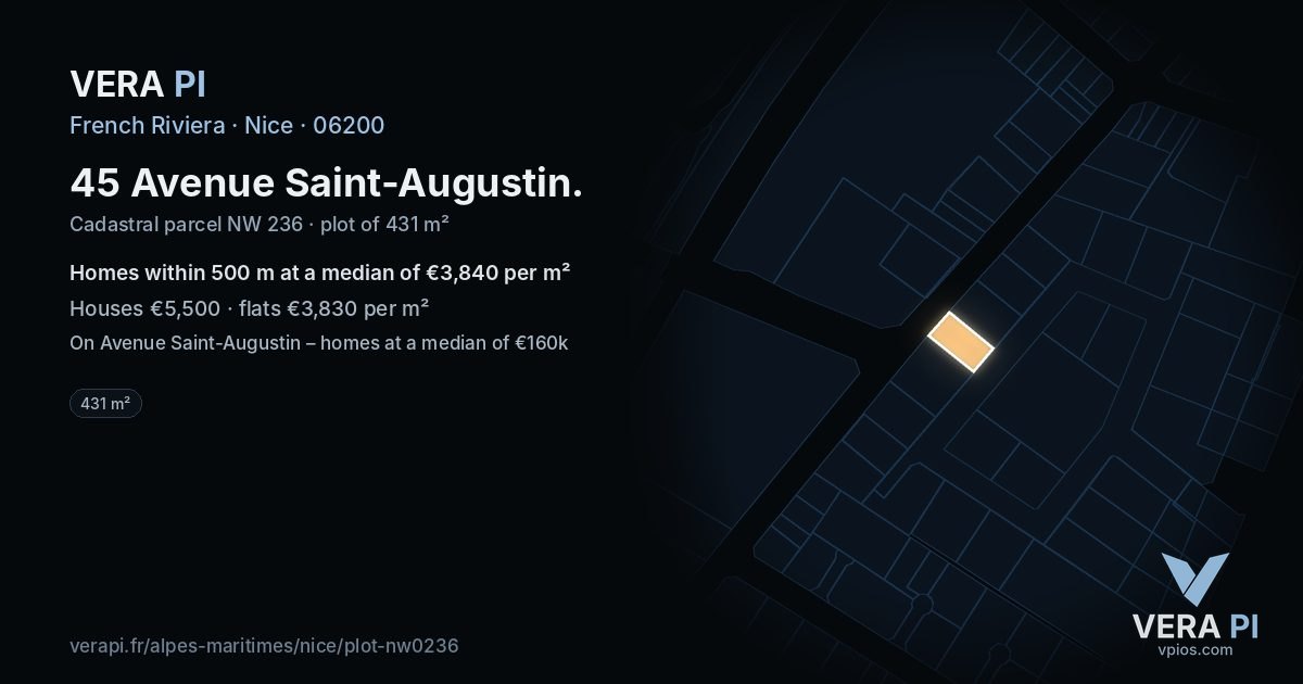 45 Avenue Saint-Augustin, Nice at night – the plot lit, the parcels around coloured by the prices near them