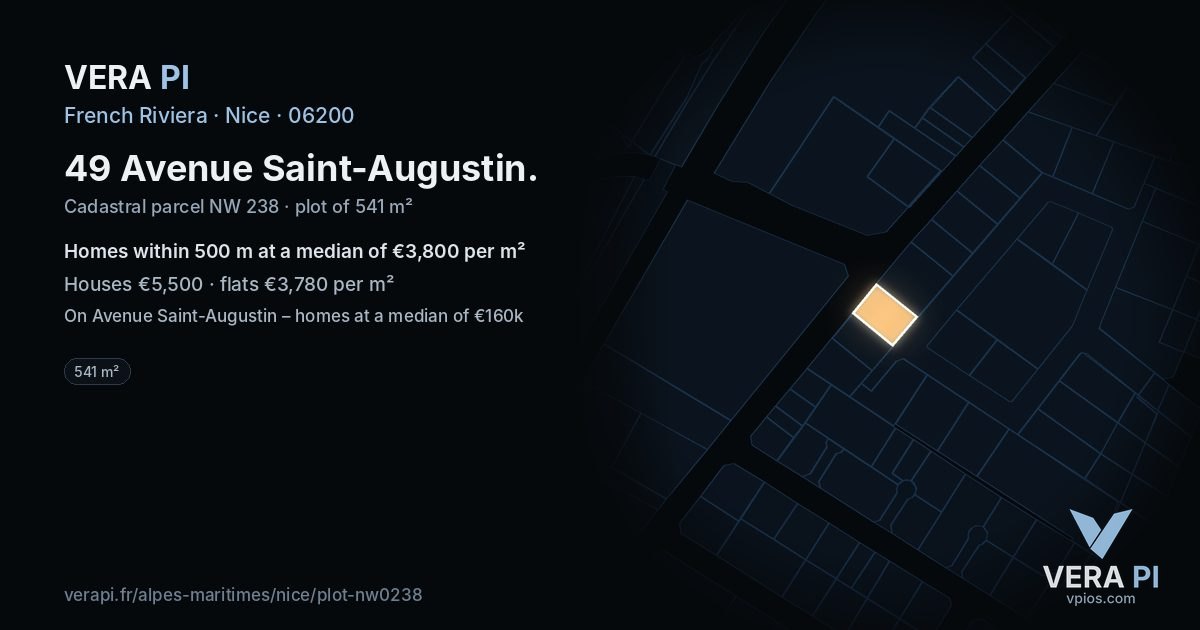 49 Avenue Saint-Augustin, Nice at night – the plot lit, the parcels around coloured by the prices near them