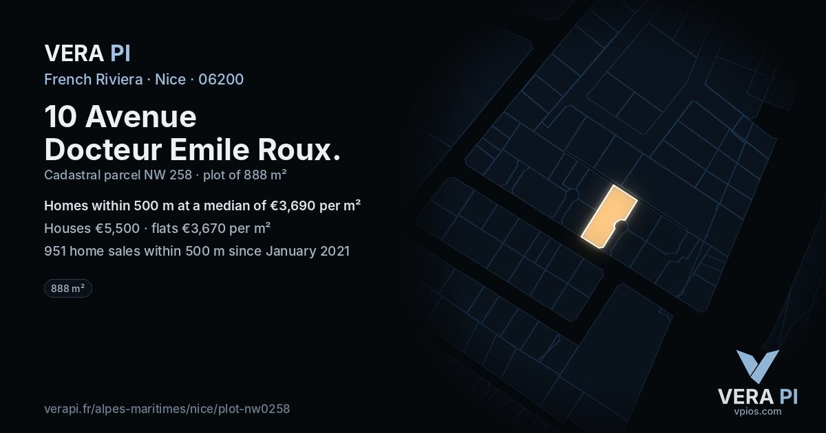 10 Avenue Docteur Emile Roux, Nice at night – the plot lit, the parcels around coloured by the prices near them
