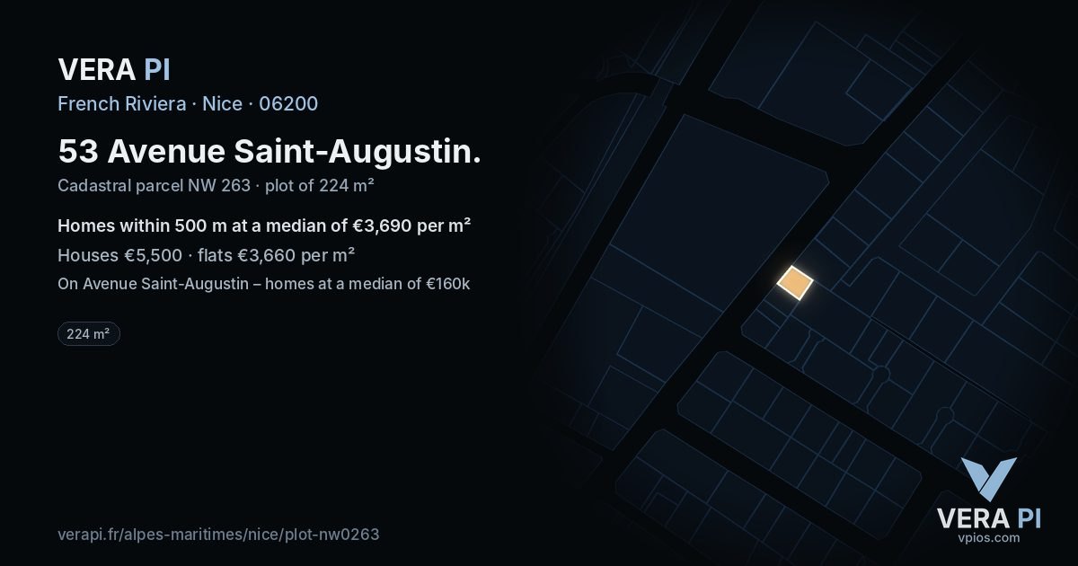 53 Avenue Saint-Augustin, Nice at night – the plot lit, the parcels around coloured by the prices near them
