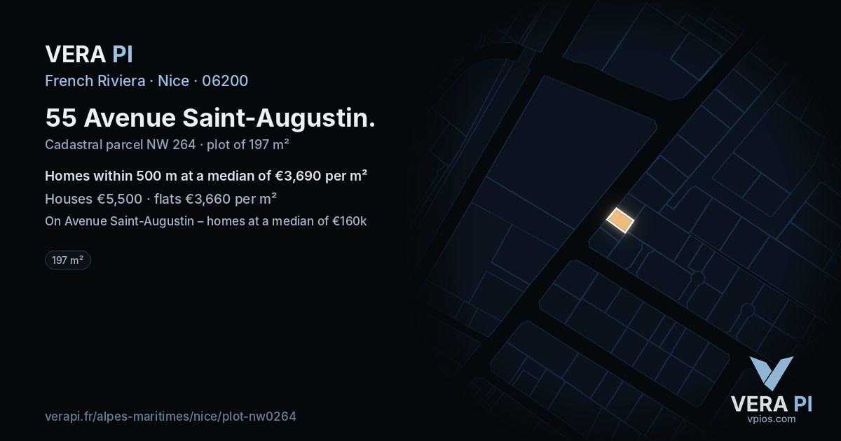 55 Avenue Saint-Augustin, Nice at night – the plot lit, the parcels around coloured by the prices near them