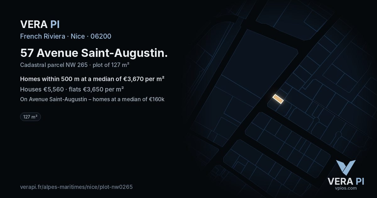 57 Avenue Saint-Augustin, Nice at night – the plot lit, the parcels around coloured by the prices near them