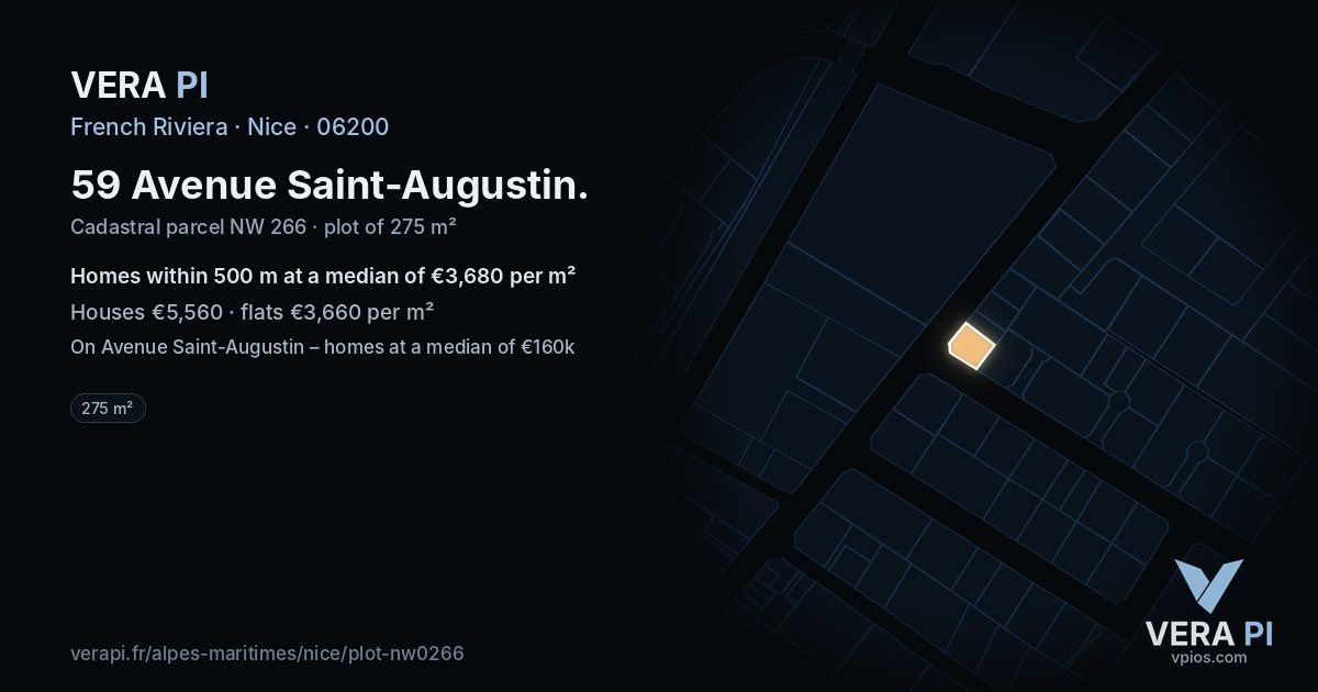59 Avenue Saint-Augustin, Nice at night – the plot lit, the parcels around coloured by the prices near them