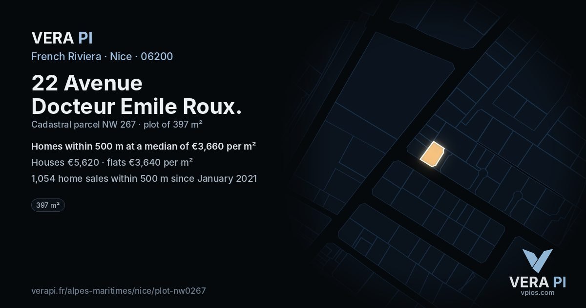 22 Avenue Docteur Emile Roux, Nice at night – the plot lit, the parcels around coloured by the prices near them