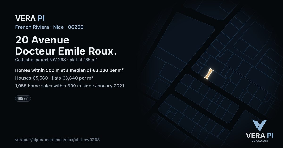 20 Avenue Docteur Emile Roux, Nice at night – the plot lit, the parcels around coloured by the prices near them