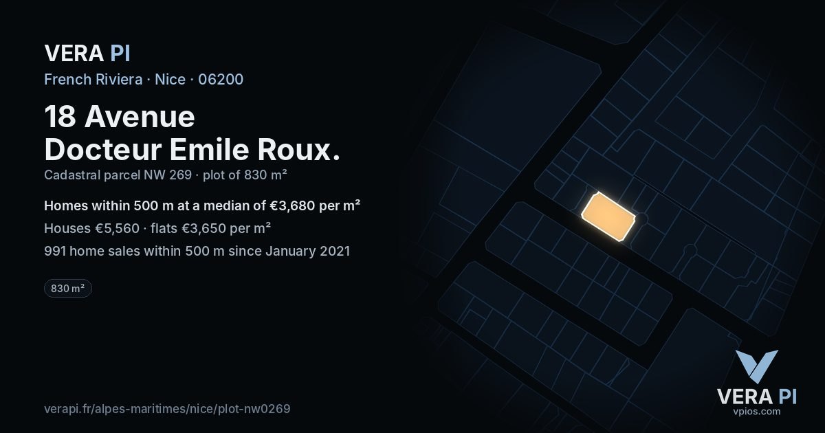 18 Avenue Docteur Emile Roux, Nice at night – the plot lit, the parcels around coloured by the prices near them