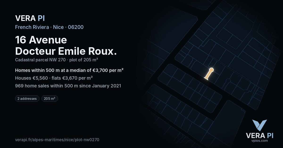 16 Avenue Docteur Emile Roux, Nice at night – the plot lit, the parcels around coloured by the prices near them