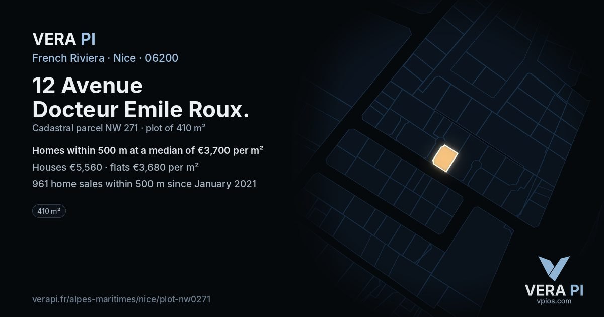 12 Avenue Docteur Emile Roux, Nice at night – the plot lit, the parcels around coloured by the prices near them