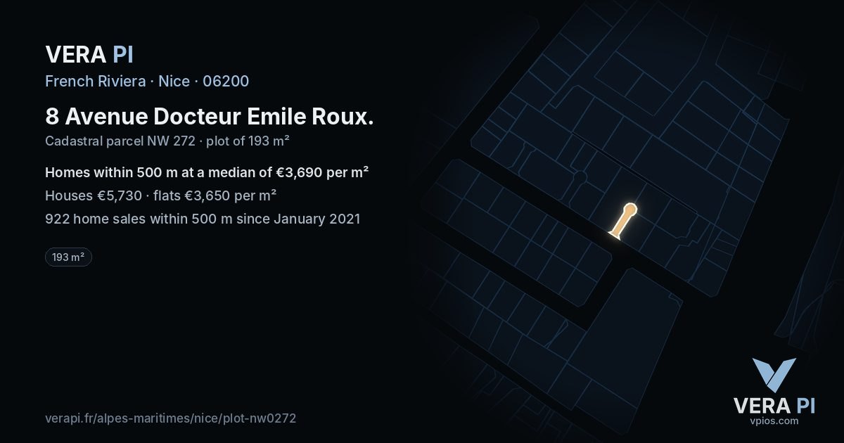 8 Avenue Docteur Emile Roux, Nice at night – the plot lit, the parcels around coloured by the prices near them