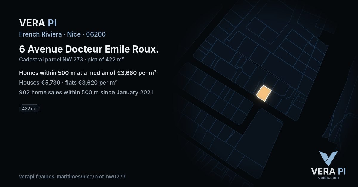 6 Avenue Docteur Emile Roux, Nice at night – the plot lit, the parcels around coloured by the prices near them