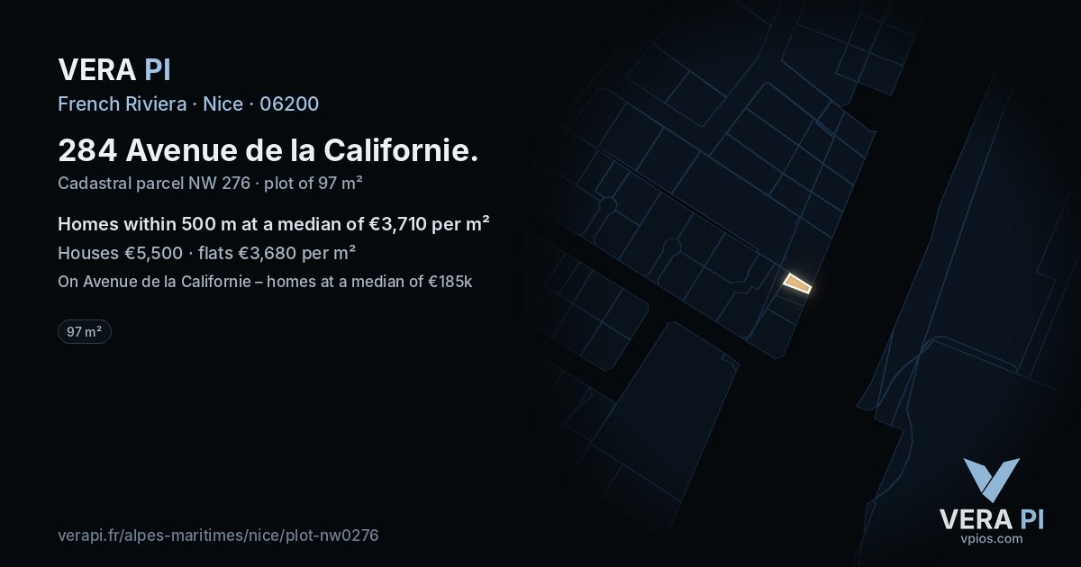 284 Avenue de la Californie, Nice at night – the plot lit, the parcels around coloured by the prices near them
