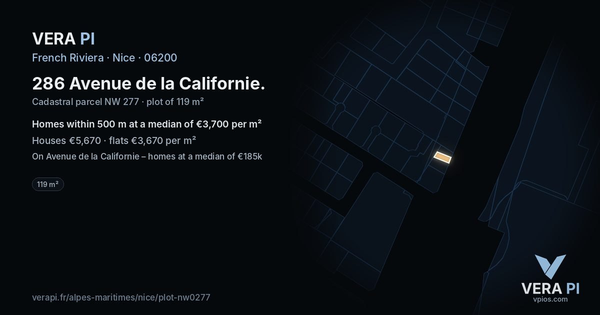 286 Avenue de la Californie, Nice at night – the plot lit, the parcels around coloured by the prices near them