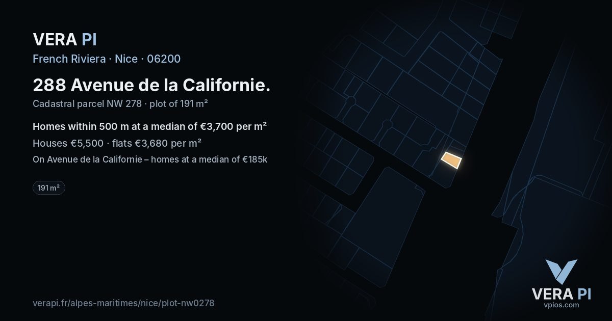 288 Avenue de la Californie, Nice at night – the plot lit, the parcels around coloured by the prices near them