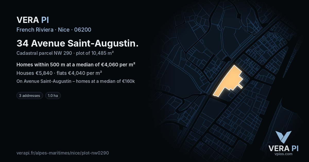 34 Avenue Saint-Augustin, Nice at night – the plot lit, the parcels around coloured by the prices near them