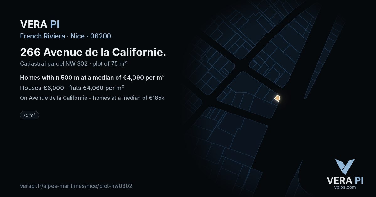 266 Avenue de la Californie, Nice at night – the plot lit, the parcels around coloured by the prices near them