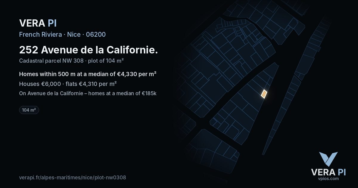 252 Avenue de la Californie, Nice at night – the plot lit, the parcels around coloured by the prices near them