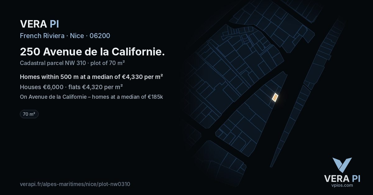 250 Avenue de la Californie, Nice at night – the plot lit, the parcels around coloured by the prices near them