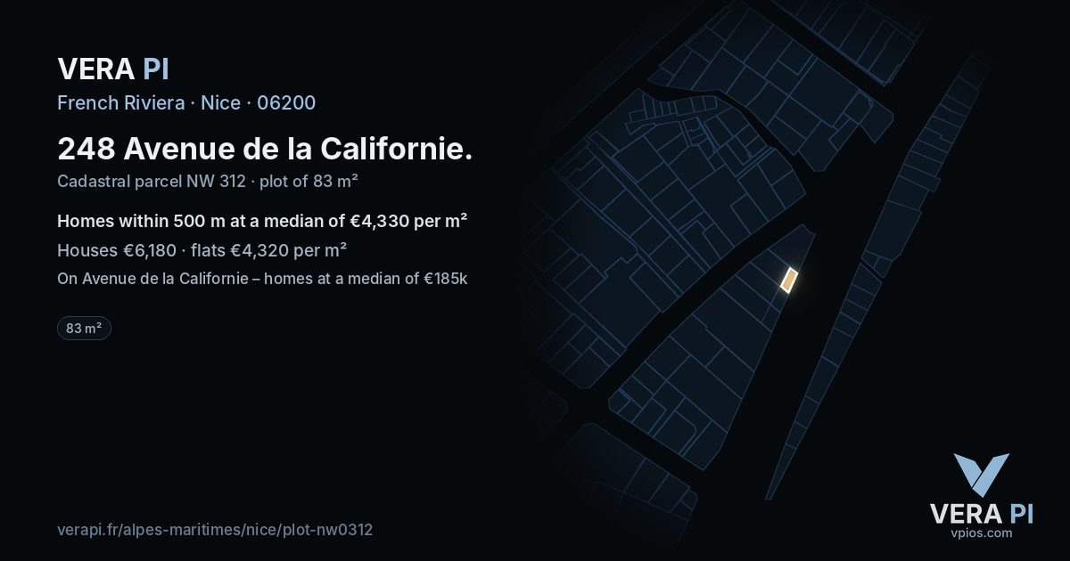 248 Avenue de la Californie, Nice at night – the plot lit, the parcels around coloured by the prices near them