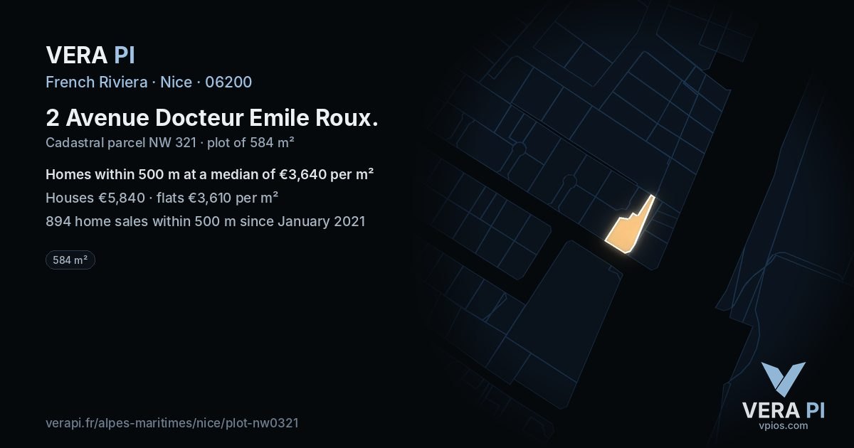 2 Avenue Docteur Emile Roux, Nice at night – the plot lit, the parcels around coloured by the prices near them