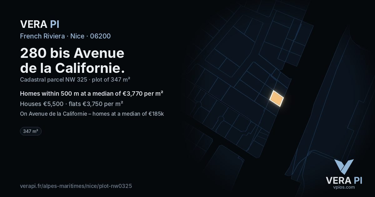 280 bis Avenue de la Californie, Nice at night – the plot lit, the parcels around coloured by the prices near them