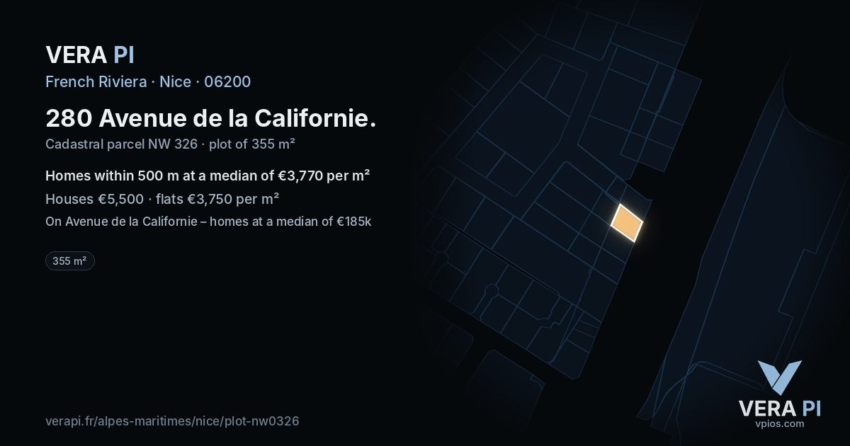 280 Avenue de la Californie, Nice at night – the plot lit, the parcels around coloured by the prices near them