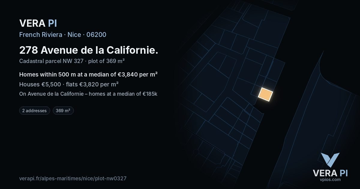 278 Avenue de la Californie, Nice at night – the plot lit, the parcels around coloured by the prices near them