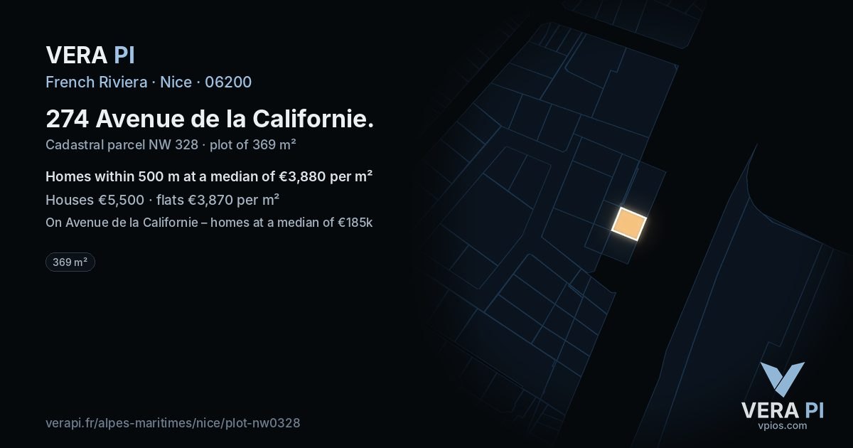 274 Avenue de la Californie, Nice at night – the plot lit, the parcels around coloured by the prices near them