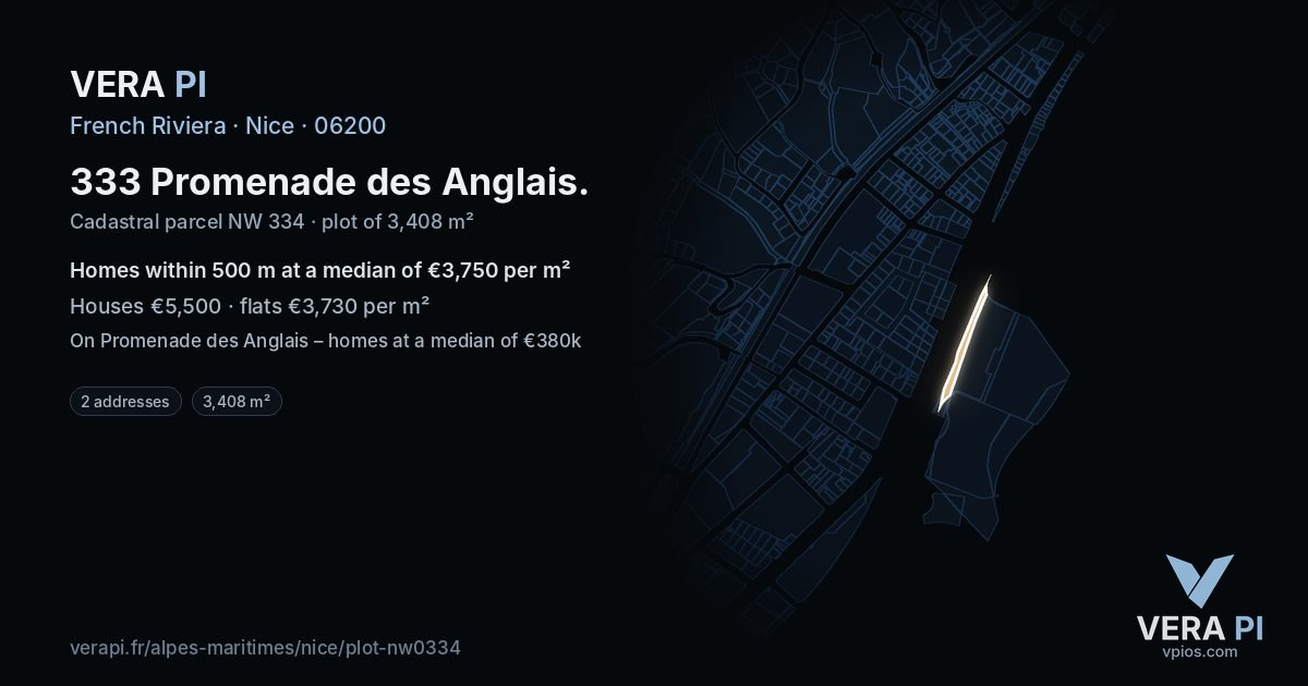 333 Promenade des Anglais, Nice at night – the plot lit, the parcels around coloured by the prices near them