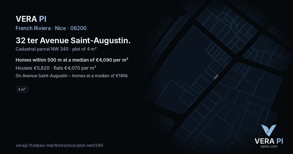 32 ter Avenue Saint-Augustin, Nice at night – the plot lit, the parcels around coloured by the prices near them