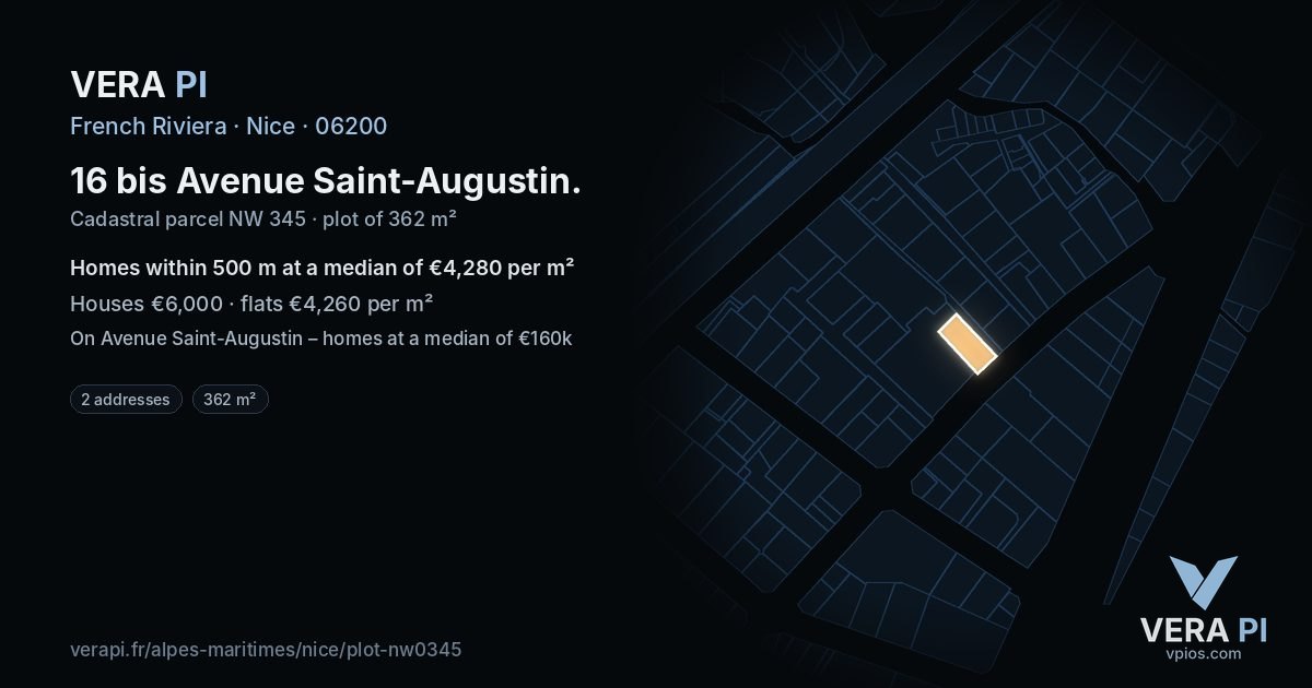 16 bis Avenue Saint-Augustin, Nice at night – the plot lit, the parcels around coloured by the prices near them