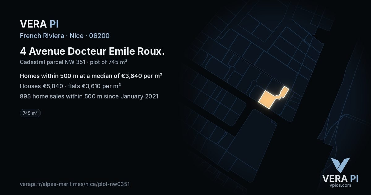 4 Avenue Docteur Emile Roux, Nice at night – the plot lit, the parcels around coloured by the prices near them