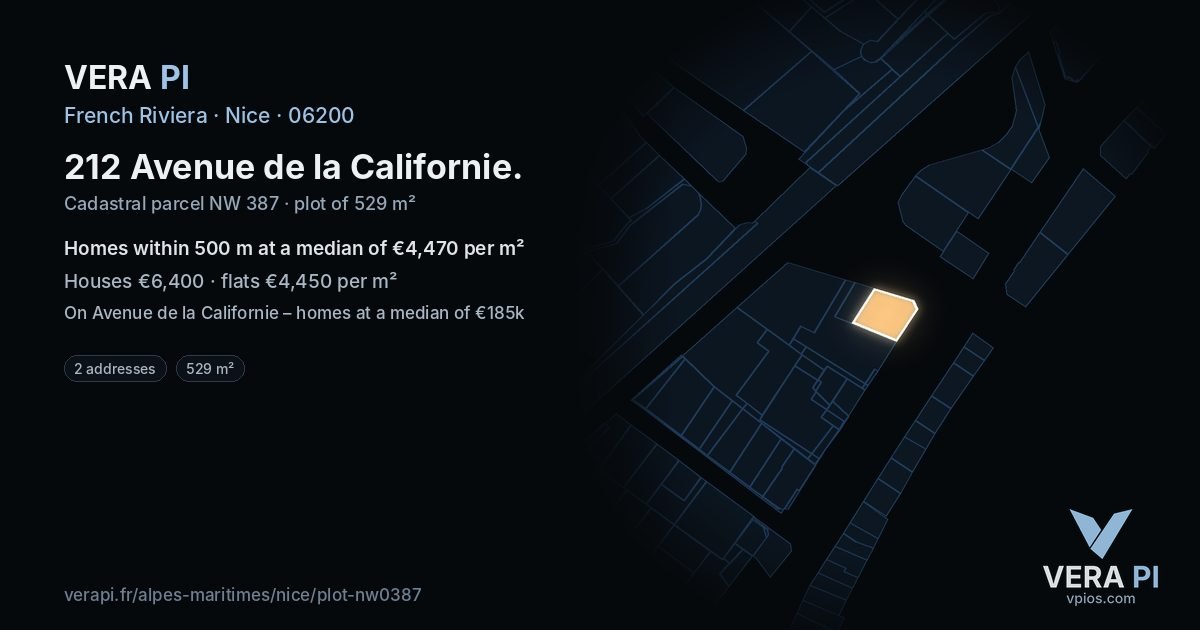 212 Avenue de la Californie, Nice at night – the plot lit, the parcels around coloured by the prices near them