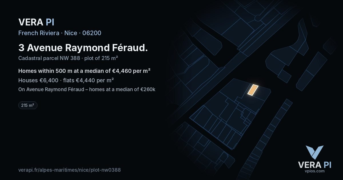 3 Avenue Raymond Féraud, Nice at night – the plot lit, the parcels around coloured by the prices near them