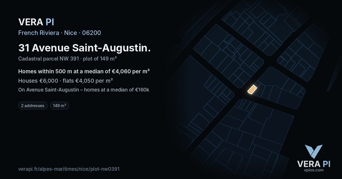 31 Avenue Saint-Augustin, Nice at night – the plot lit, the parcels around coloured by the prices near them