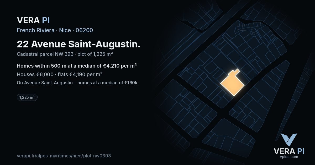 22 Avenue Saint-Augustin, Nice at night – the plot lit, the parcels around coloured by the prices near them