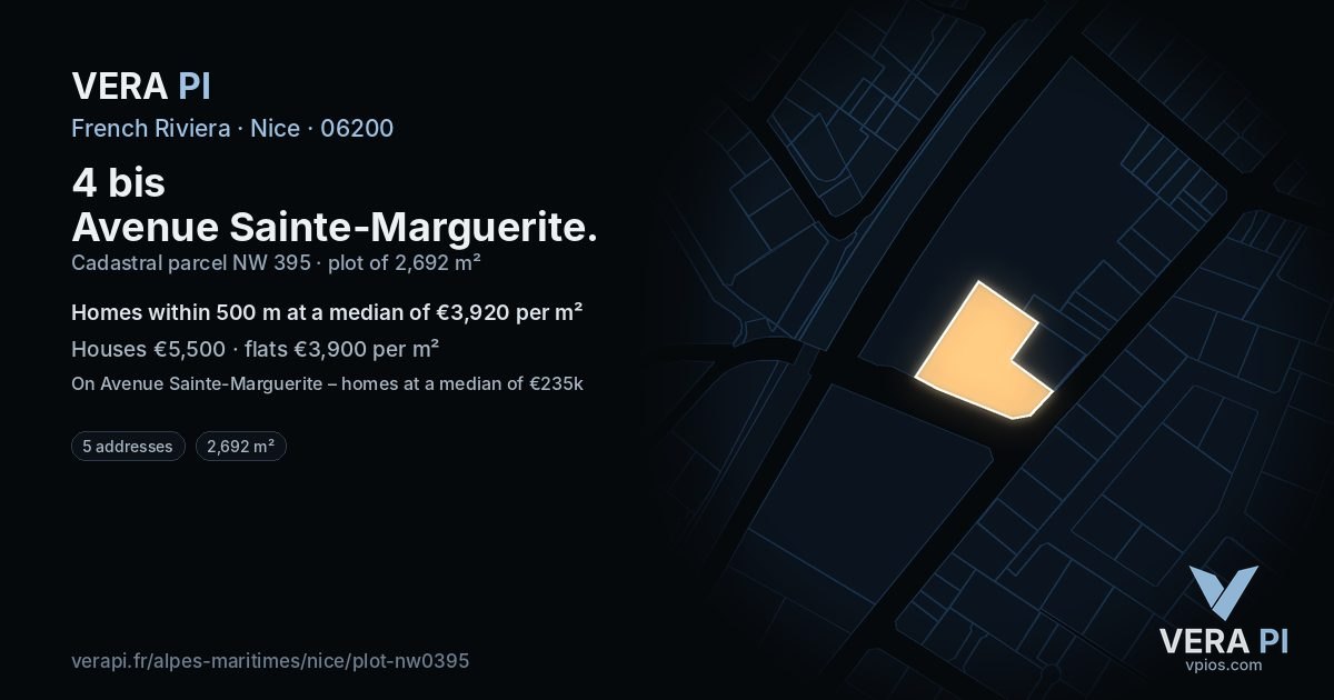 4 bis Avenue Sainte-Marguerite, Nice at night – the plot lit, the parcels around coloured by the prices near them