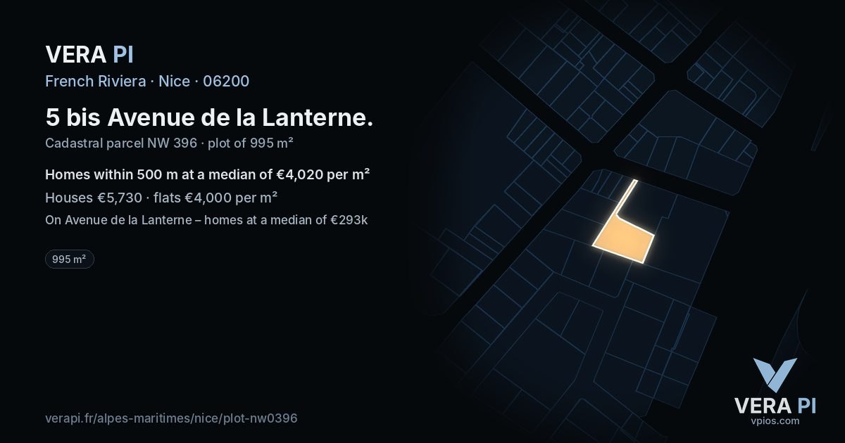 5 bis Avenue de la Lanterne, Nice at night – the plot lit, the parcels around coloured by the prices near them