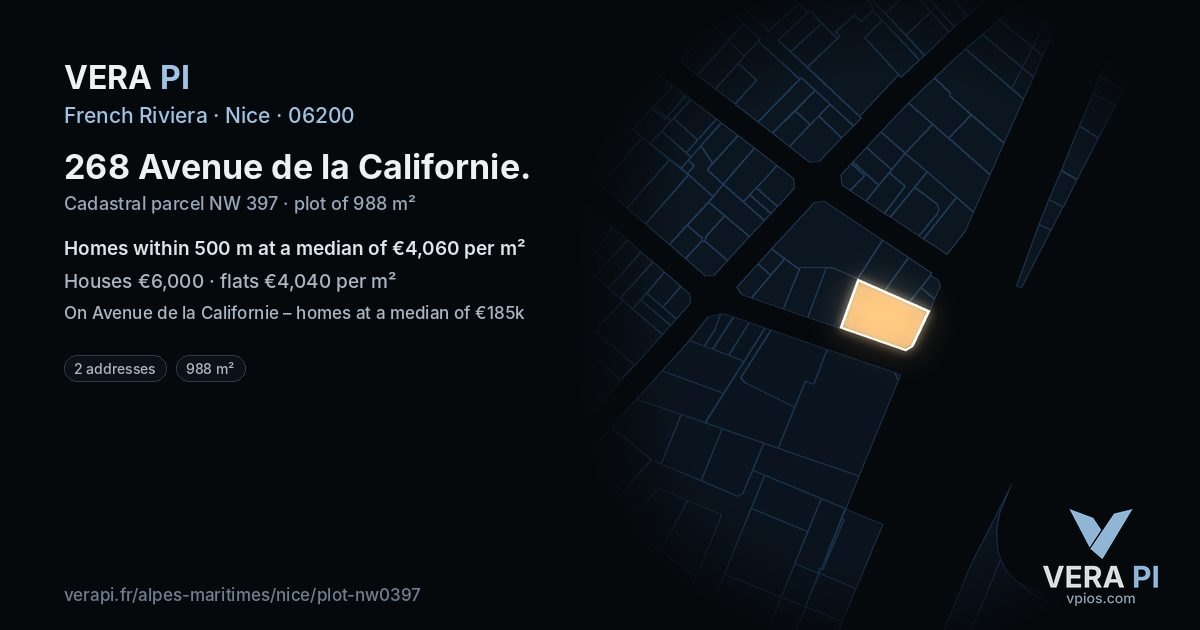 268 Avenue de la Californie, Nice at night – the plot lit, the parcels around coloured by the prices near them