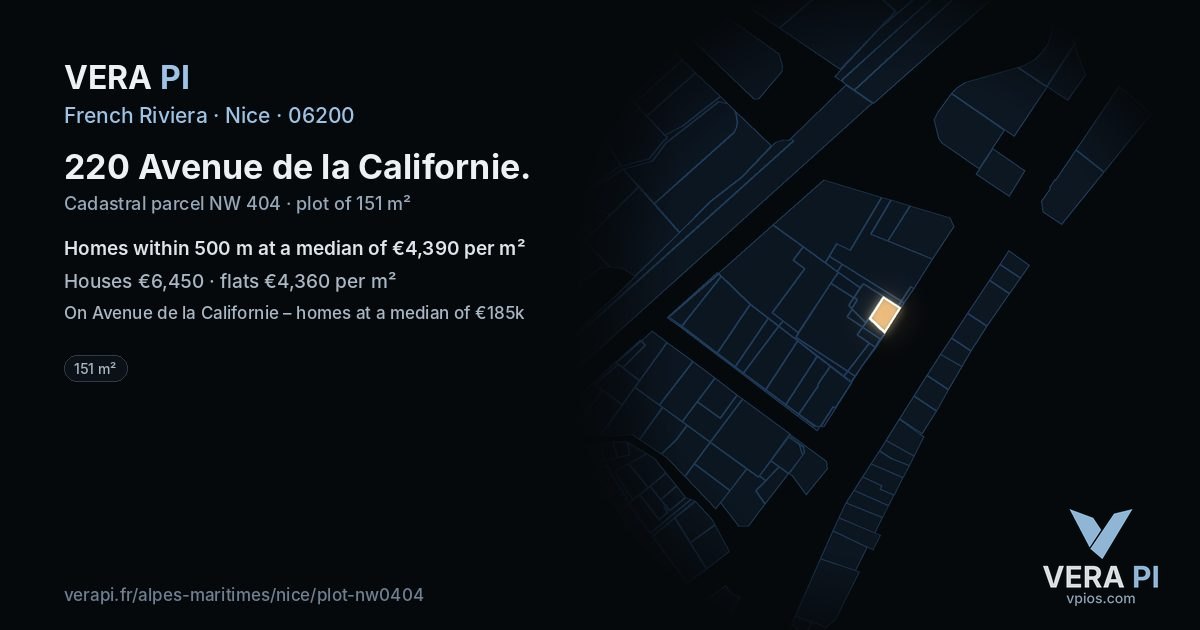 220 Avenue de la Californie, Nice at night – the plot lit, the parcels around coloured by the prices near them