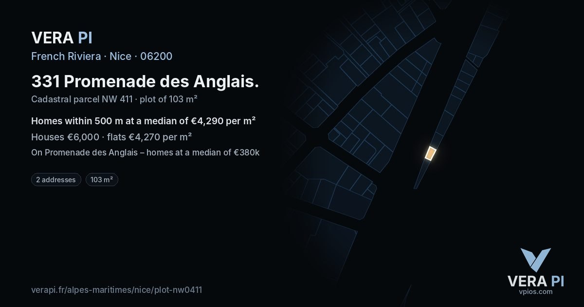 331 Promenade des Anglais, Nice at night – the plot lit, the parcels around coloured by the prices near them