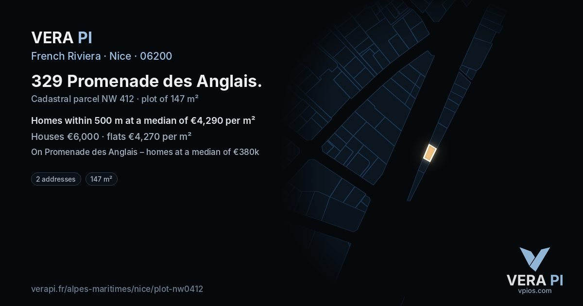 329 Promenade des Anglais, Nice at night – the plot lit, the parcels around coloured by the prices near them