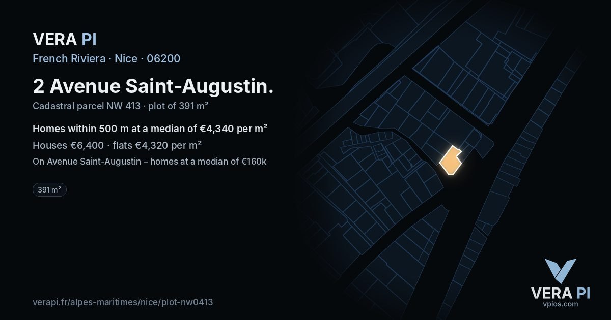 2 Avenue Saint-Augustin, Nice at night – the plot lit, the parcels around coloured by the prices near them