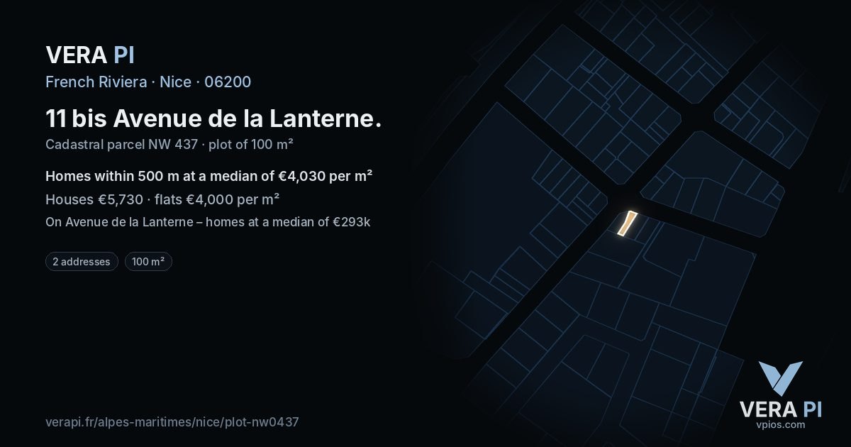 11 bis Avenue de la Lanterne, Nice at night – the plot lit, the parcels around coloured by the prices near them