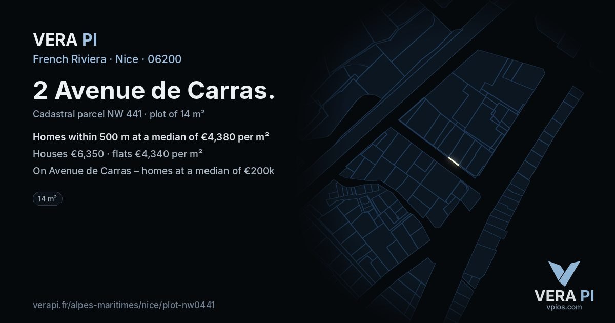 2 Avenue de Carras, Nice at night – the plot lit, the parcels around coloured by the prices near them