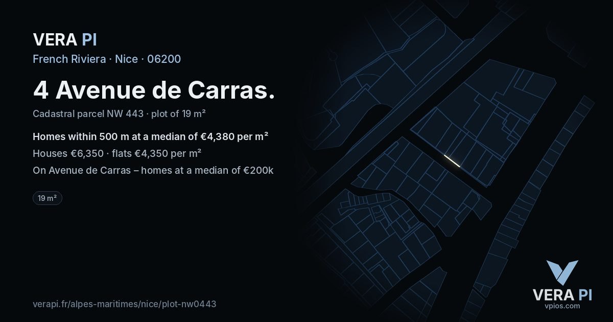 4 Avenue de Carras, Nice at night – the plot lit, the parcels around coloured by the prices near them
