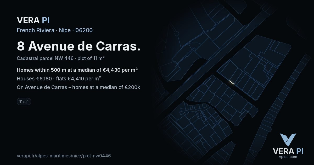 8 Avenue de Carras, Nice at night – the plot lit, the parcels around coloured by the prices near them