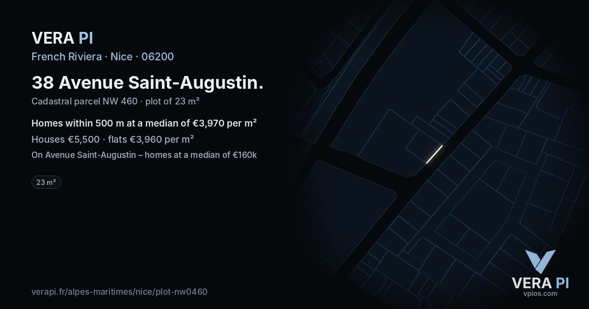 38 Avenue Saint-Augustin, Nice at night – the plot lit, the parcels around coloured by the prices near them